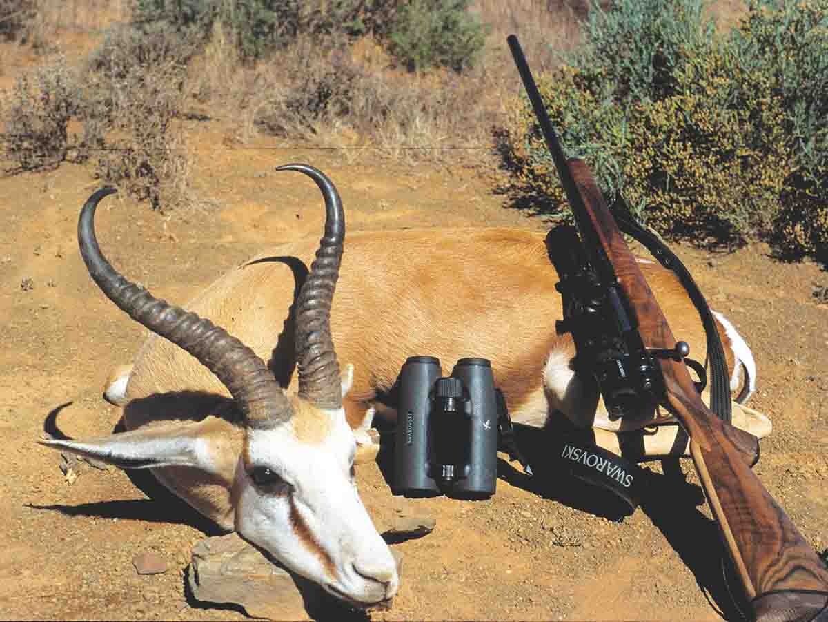 John took a Remington Model ADL .30-06 with one of the late Mel Smart’s laminated stocks to South Africa in 2002 and shot half a dozen animals, from this big springbok to a kudu, at ranges out to 350 yards.